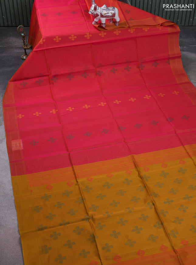 Kora silk cotton saree dual shade of pinkish mustard and dark mustard with thread woven buttas and simple border