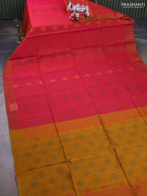 Kora silk cotton saree dual shade of pinkish mustard and dark mustard with thread woven buttas and simple border