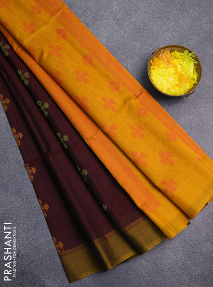 Kora silk cotton saree deep maroon and dark mustard with thread woven buttas and simple border