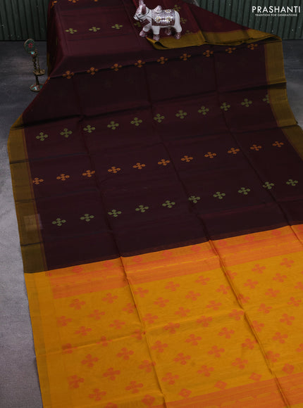 Kora silk cotton saree deep maroon and dark mustard with thread woven buttas and simple border