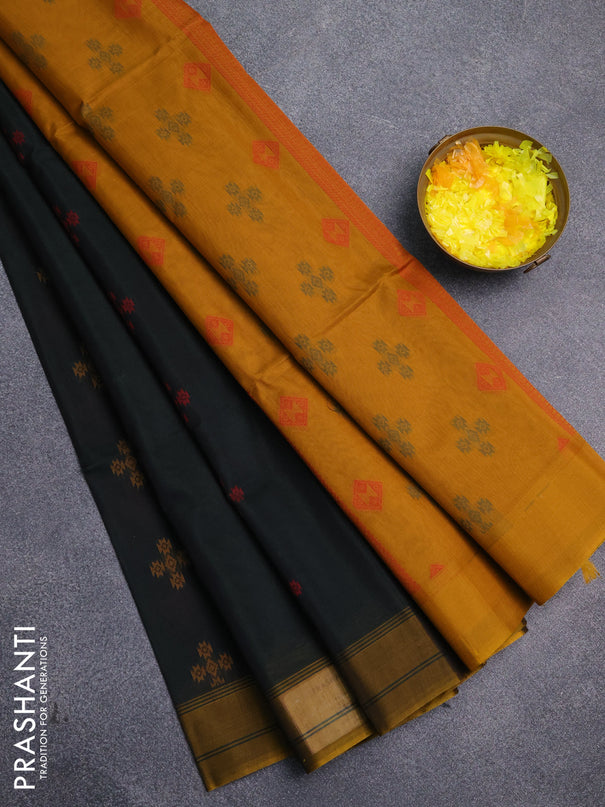 Kora silk cotton saree deep bottle green and dark mustard with thread woven buttas and simple border