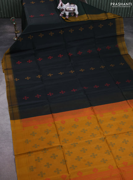 Kora silk cotton saree deep bottle green and dark mustard with thread woven buttas and simple border