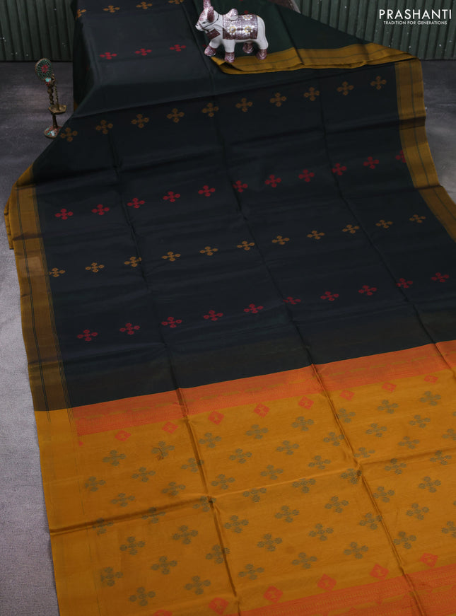 Kora silk cotton saree deep bottle green and dark mustard with thread woven buttas and simple border