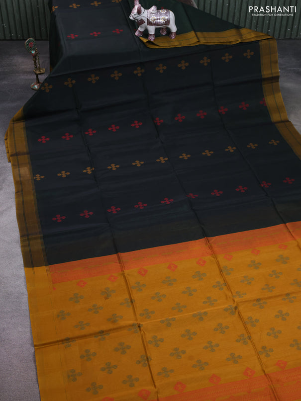 Kora silk cotton saree deep bottle green and dark mustard with thread woven buttas and simple border