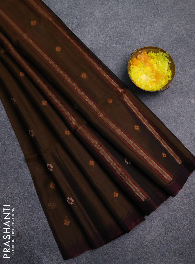 Kora silk cotton saree dark mustard and wine shade with thread & zari woven buttas and simple border