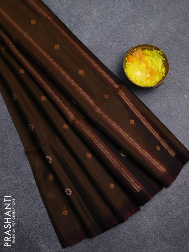 Kora silk cotton saree dark mustard and wine shade with thread & zari woven buttas and simple border