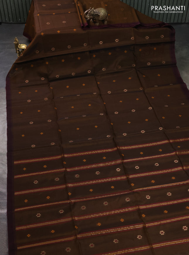 Kora silk cotton saree dark mustard and wine shade with thread & zari woven buttas and simple border