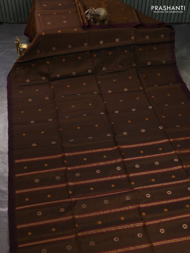Kora silk cotton saree dark mustard and wine shade with thread & zari woven buttas and simple border