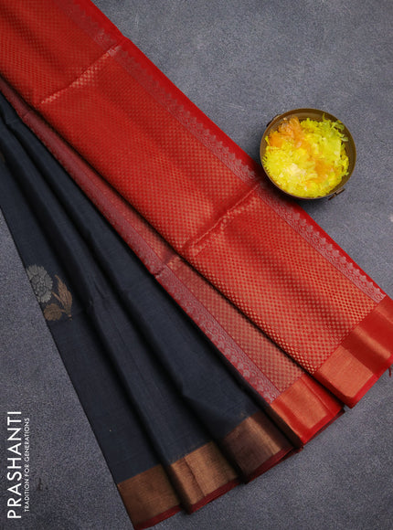 Kora silk cotton saree grey and red with allover silver zari woven buttas and zari woven border