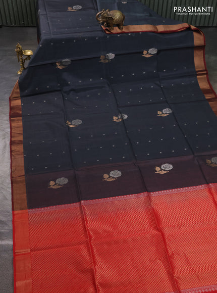 Kora silk cotton saree grey and red with allover silver zari woven buttas and zari woven border