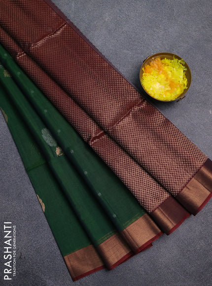 Kora silk cotton saree green and maroon with allover silver zari woven buttas and zari woven border