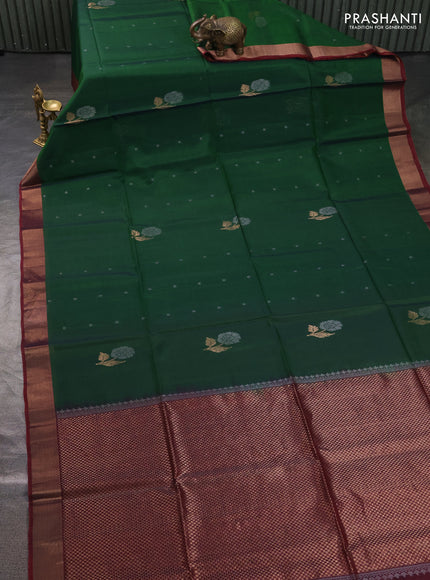 Kora silk cotton saree green and maroon with allover silver zari woven buttas and zari woven border
