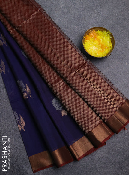 Kora silk cotton saree blue and maroon with allover silver zari woven buttas and zari woven border