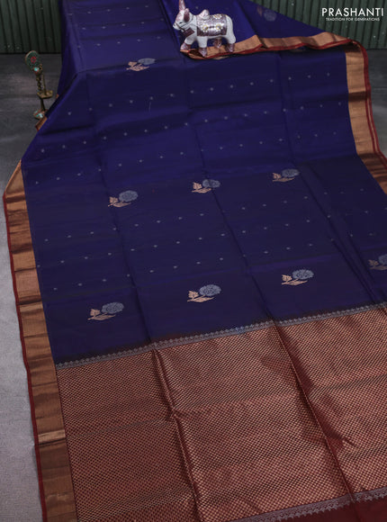 Kora silk cotton saree blue and maroon with allover silver zari woven buttas and zari woven border