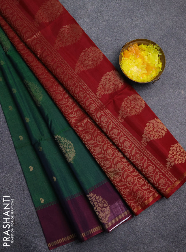 Kora silk cotton saree dual shade of green and maroon with thread & zari woven buttas and woven butta border