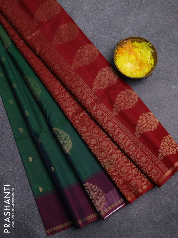 Kora silk cotton saree dual shade of green and maroon with thread & zari woven buttas and woven butta border