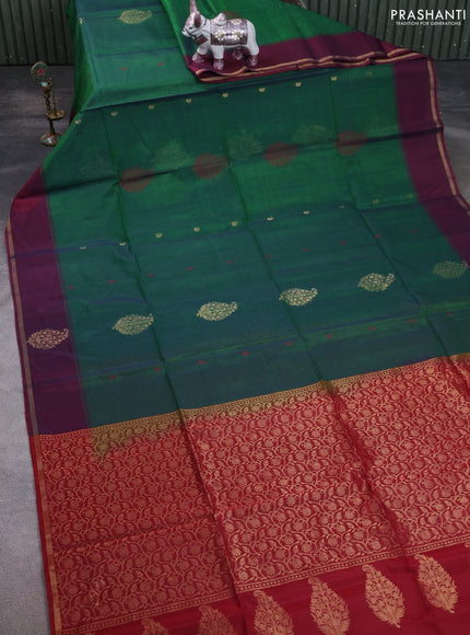 Kora silk cotton saree dual shade of green and maroon with thread & zari woven buttas and woven butta border