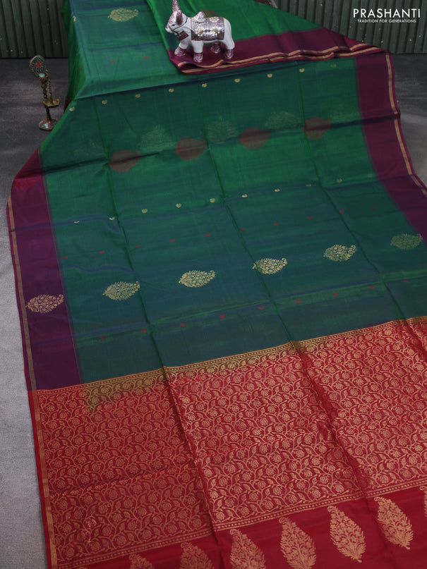 Kora silk cotton saree dual shade of green and maroon with thread & zari woven buttas and woven butta border