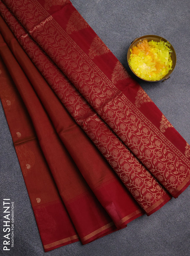 Kora silk cotton saree dual shade of rust and dark pink with thread & zari woven buttas and woven butta border