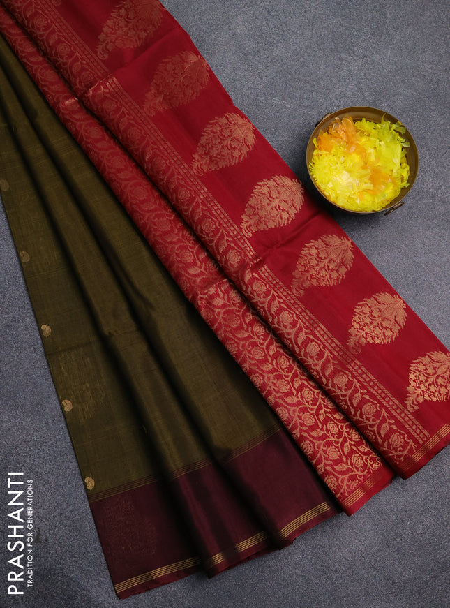 Kora silk cotton saree mehendi green and maroon with thread & zari woven buttas and woven butta border