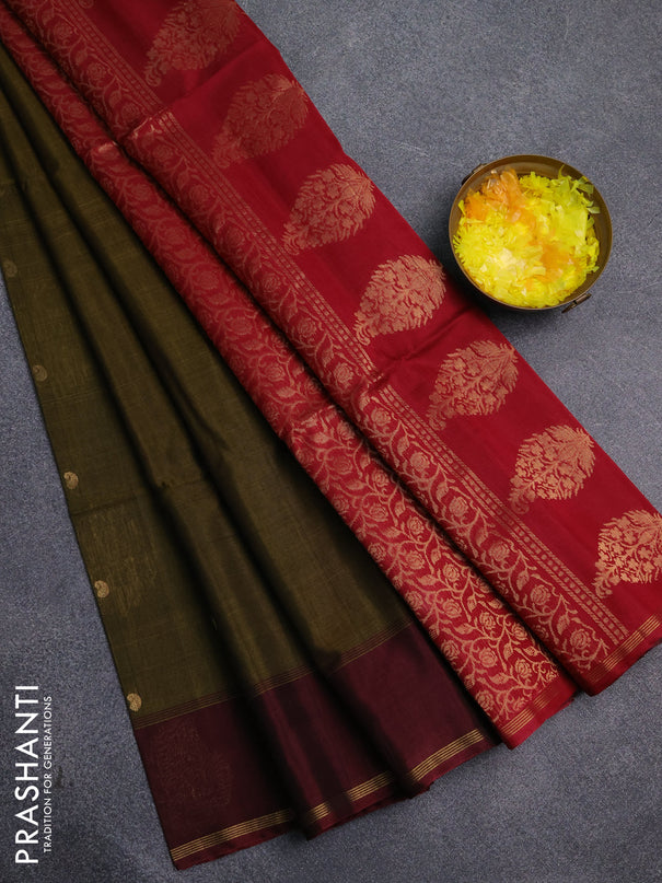 Kora silk cotton saree mehendi green and maroon with thread & zari woven buttas and woven butta border