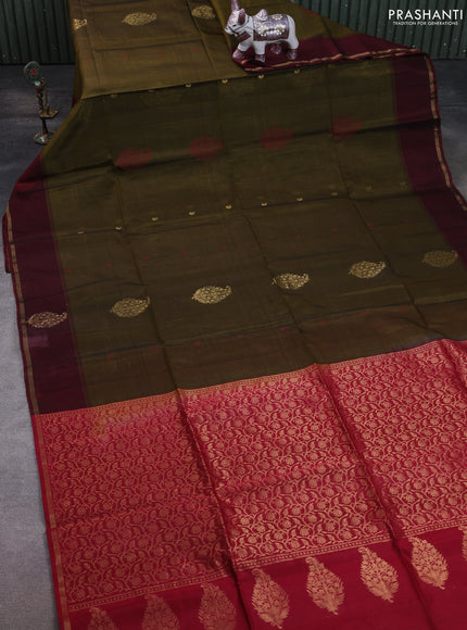 Kora silk cotton saree mehendi green and maroon with thread & zari woven buttas and woven butta border