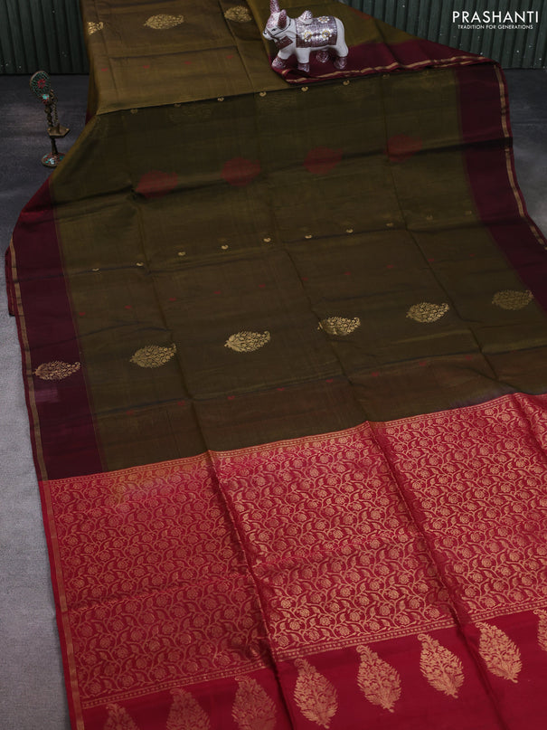 Kora silk cotton saree mehendi green and maroon with thread & zari woven buttas and woven butta border