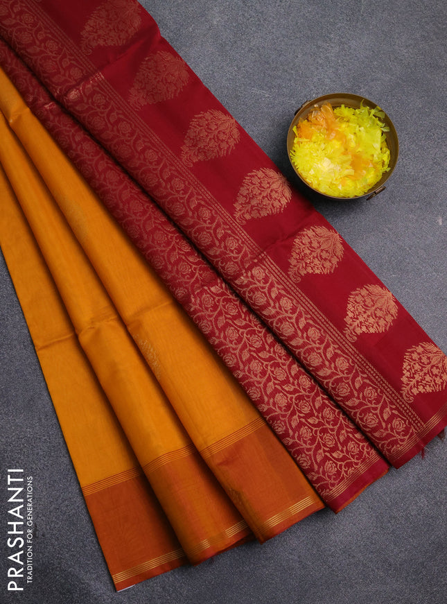 Kora silk cotton saree mango yellow and dark pink with thread & zari woven buttas and woven butta border