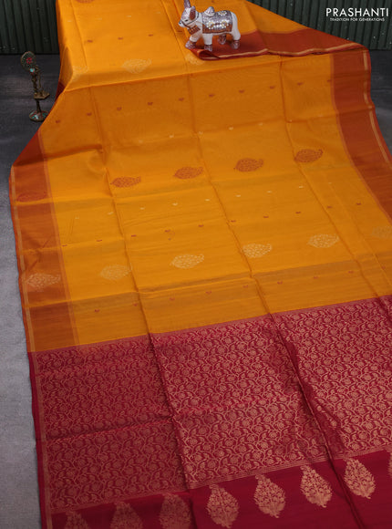 Kora silk cotton saree mango yellow and dark pink with thread & zari woven buttas and woven butta border