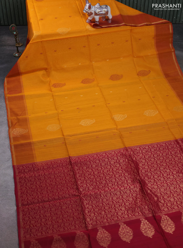 Kora silk cotton saree mango yellow and dark pink with thread & zari woven buttas and woven butta border