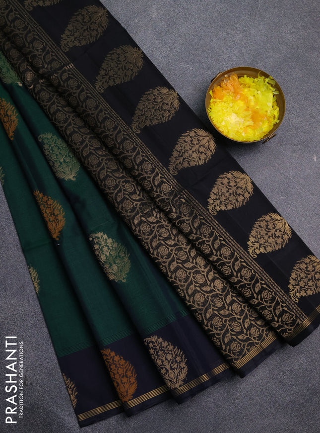 Kora silk cotton saree green and black with thread & zari woven buttas and woven butta border