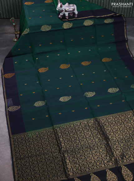 Kora silk cotton saree green and black with thread & zari woven buttas and woven butta border