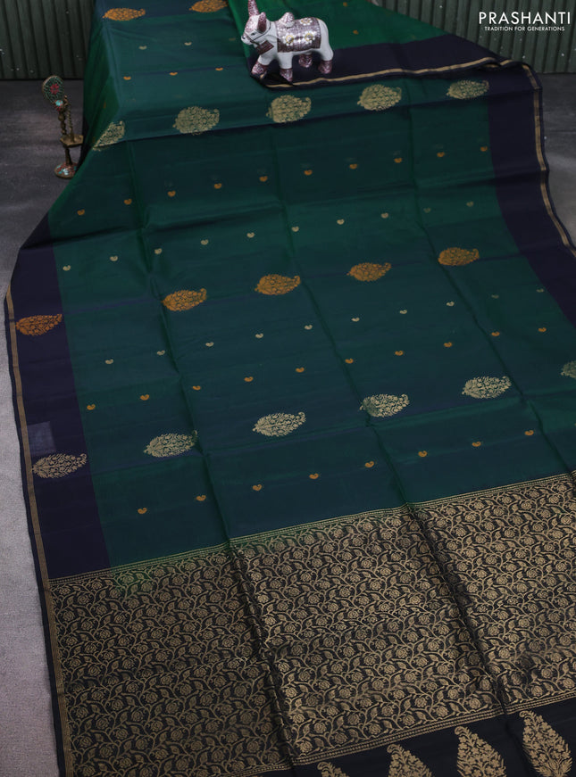 Kora silk cotton saree green and black with thread & zari woven buttas and woven butta border