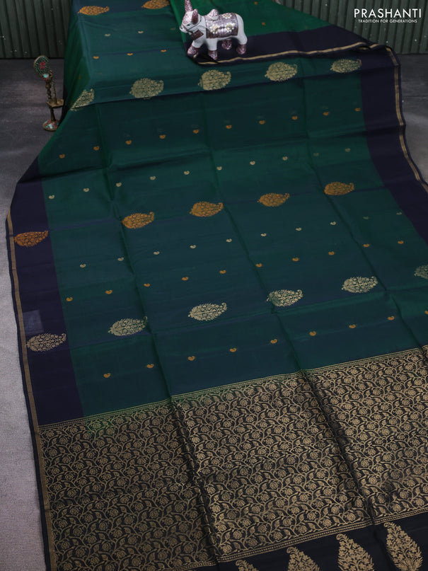 Kora silk cotton saree green and black with thread & zari woven buttas and woven butta border