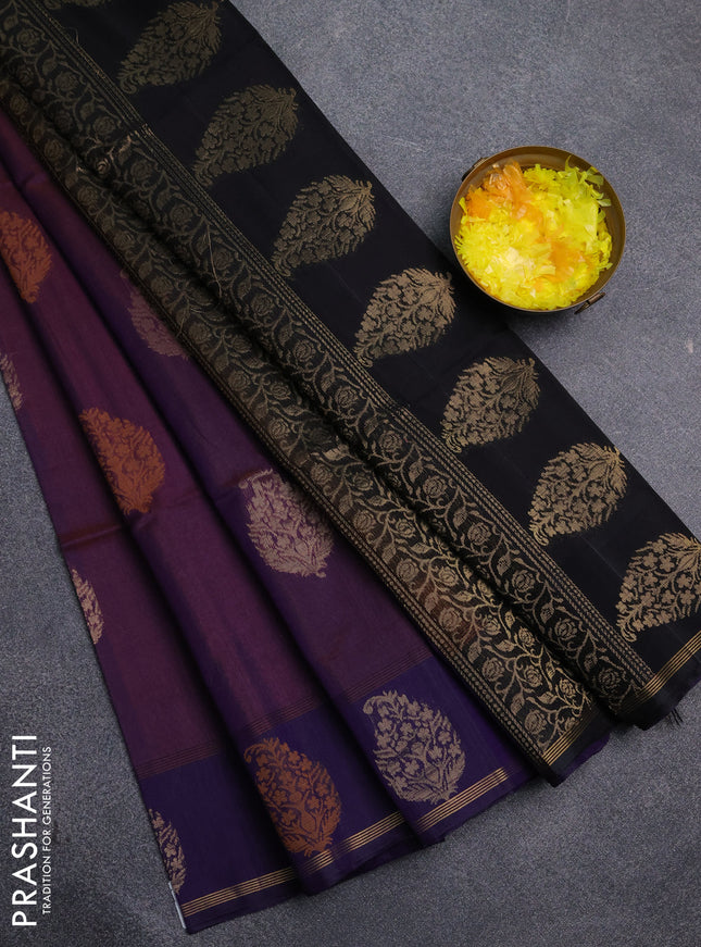 Kora silk cotton saree dual shade of rustic purple and black with thread & zari woven buttas and woven butta border