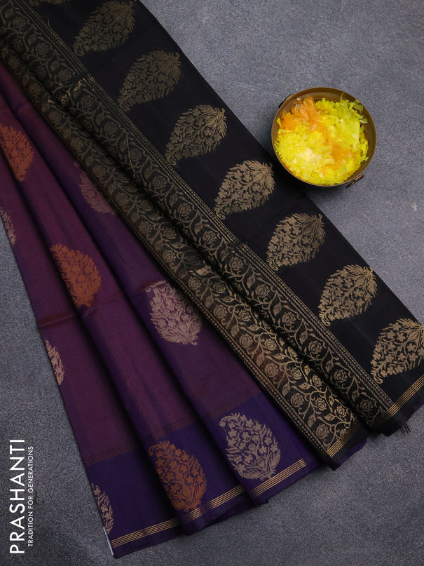 Kora silk cotton saree dual shade of rustic purple and black with thread & zari woven buttas and woven butta border