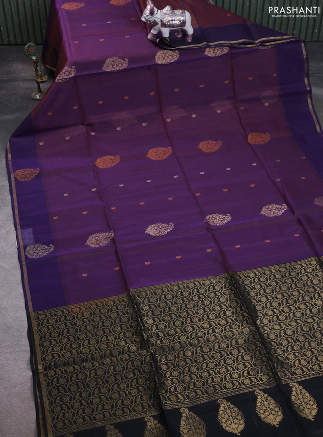 Kora silk cotton saree dual shade of rustic purple and black with thread & zari woven buttas and woven butta border