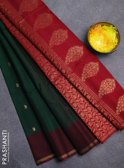 Kora silk cotton saree green and maroon with thread & zari woven buttas and woven butta border