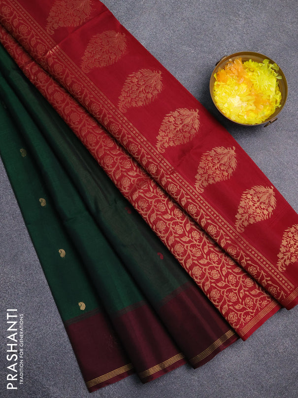 Kora silk cotton saree green and maroon with thread & zari woven buttas and woven butta border