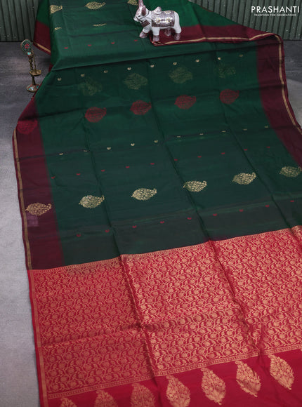 Kora silk cotton saree green and maroon with thread & zari woven buttas and woven butta border