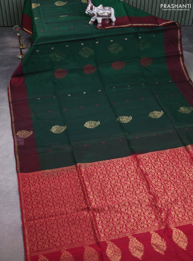Kora silk cotton saree green and maroon with thread & zari woven buttas and woven butta border