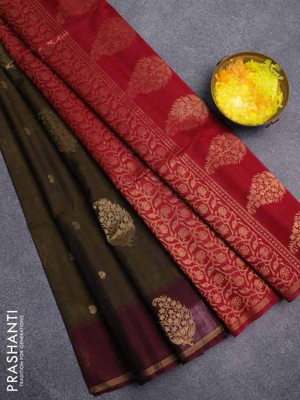 Kora silk cotton saree mehendi green and maroon with thread & zari woven buttas and woven butta border