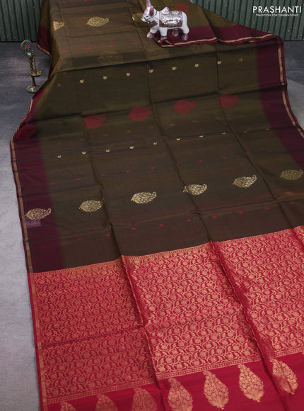 Kora silk cotton saree mehendi green and maroon with thread & zari woven buttas and woven butta border