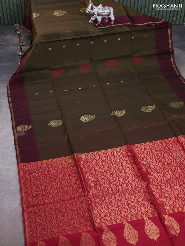Kora silk cotton saree mehendi green and maroon with thread & zari woven buttas and woven butta border