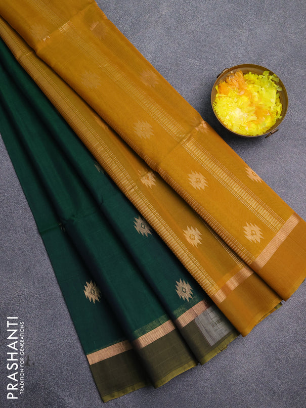 Kora silk cotton saree bottle green and mehendi green with zari woven buttas and zari woven simple border