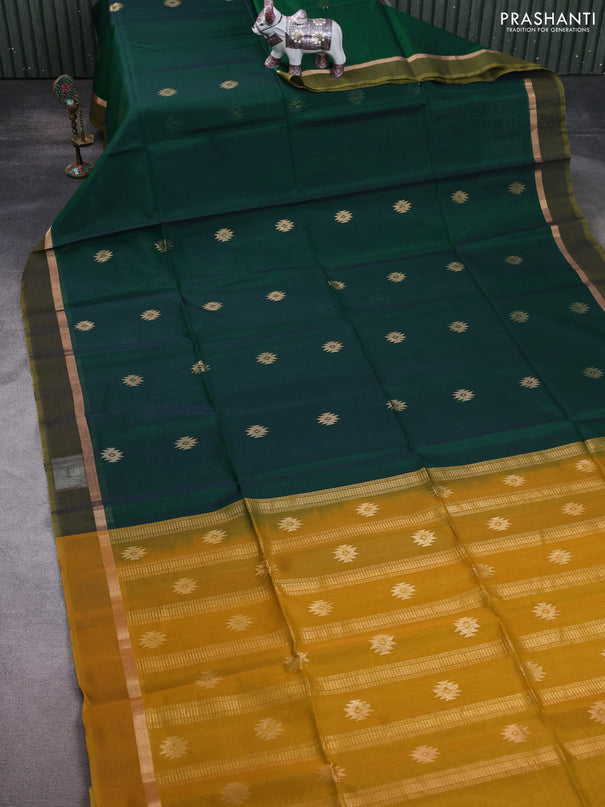 Kora silk cotton saree bottle green and mehendi green with zari woven buttas and zari woven simple border