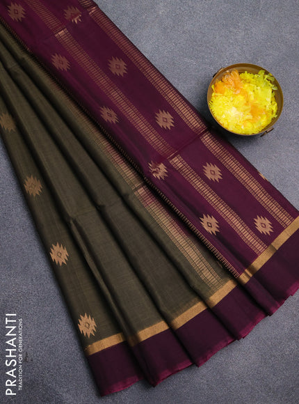 Kora silk cotton saree olive green and magenta pink with zari woven buttas and zari woven simple border