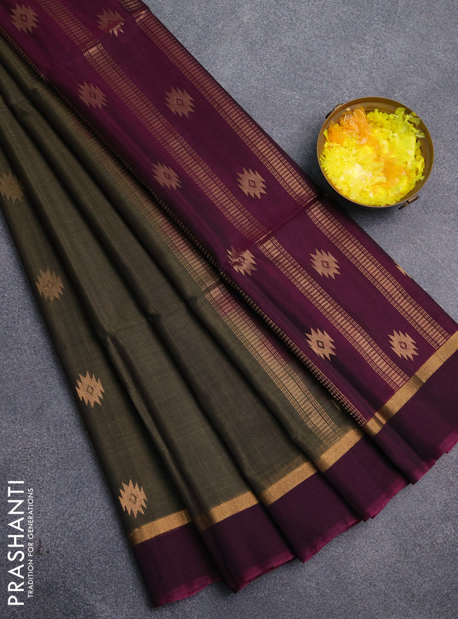 Kora silk cotton saree olive green and magenta pink with zari woven buttas and zari woven simple border