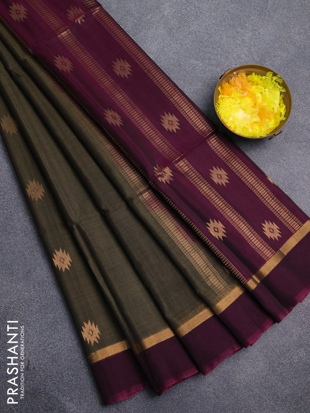 Kora silk cotton saree olive green and magenta pink with zari woven buttas and zari woven simple border