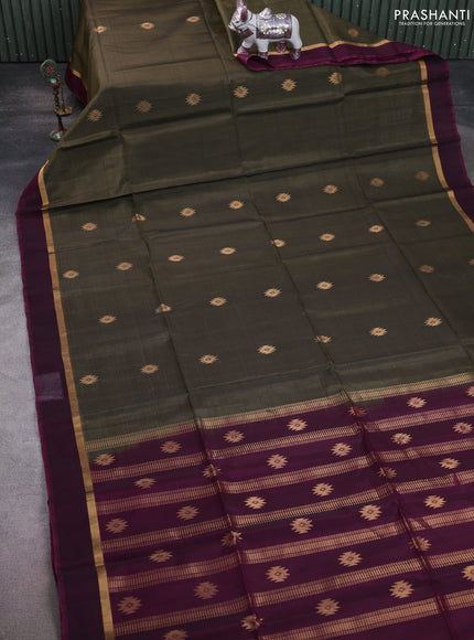 Kora silk cotton saree olive green and magenta pink with zari woven buttas and zari woven simple border